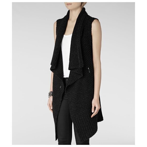 All Saints Wool Sleeveless Force Cardigan in Black - Picture 1 of 10